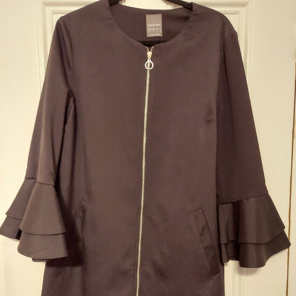 Primark Black Fabric Mid Length Coat with Ruffled Bell Sleeves size 16
